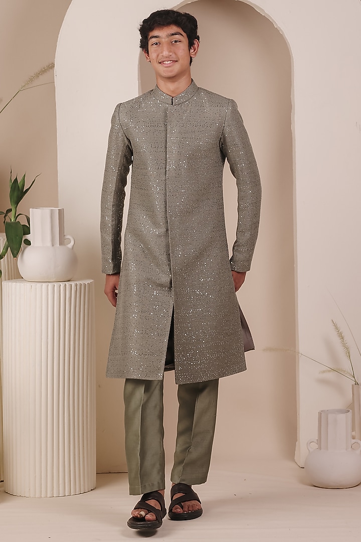 Olive Green Knit Tweed Sequin Embellished Achkan Set For Boys by All Boy Couture at Pernia's Pop Up Shop