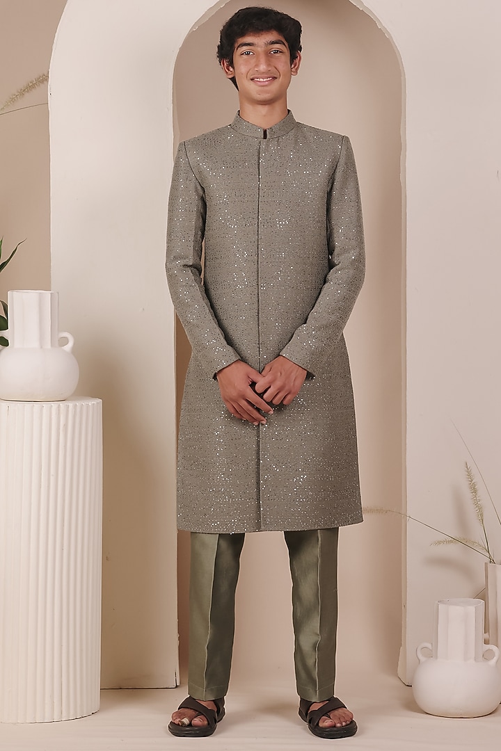 Olive Green Knit Tweed Sequin Embellished Achkan Set For Boys by All Boy Couture at Pernia's Pop Up Shop
