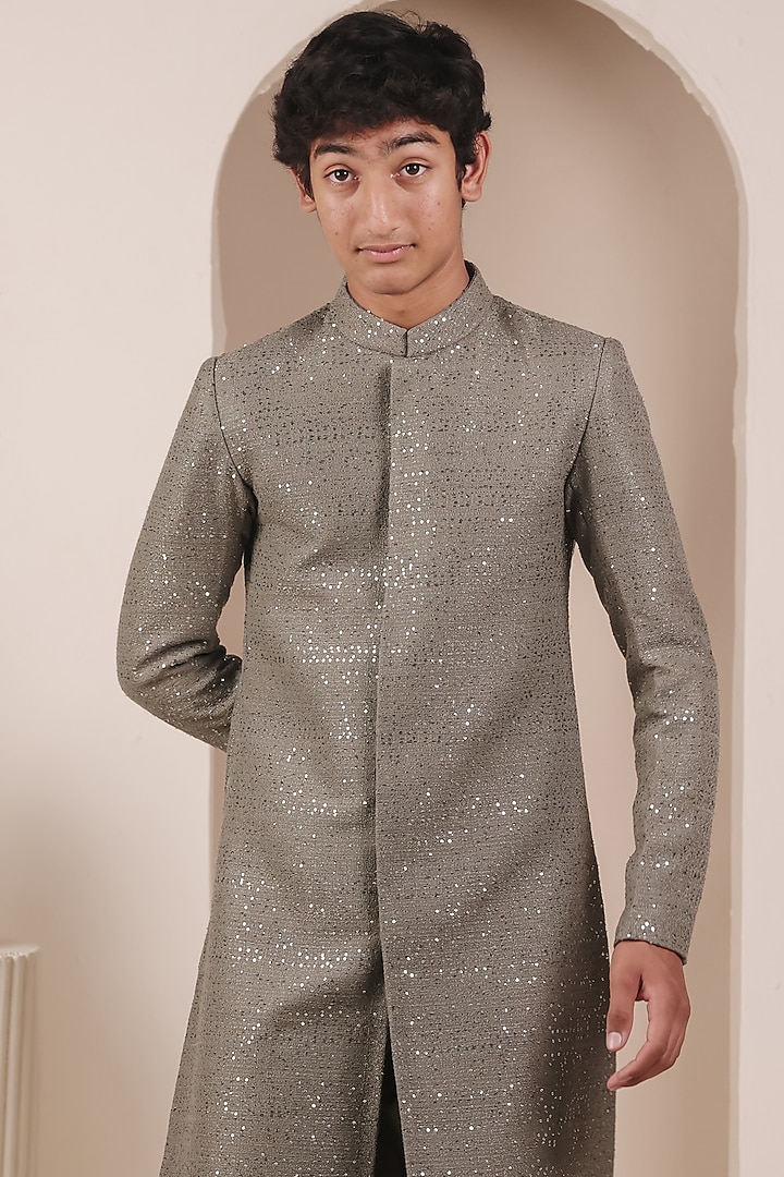 Olive Green Knit Tweed Sequin Embellished Achkan Set For Boys by All Boy Couture at Pernia's Pop Up Shop