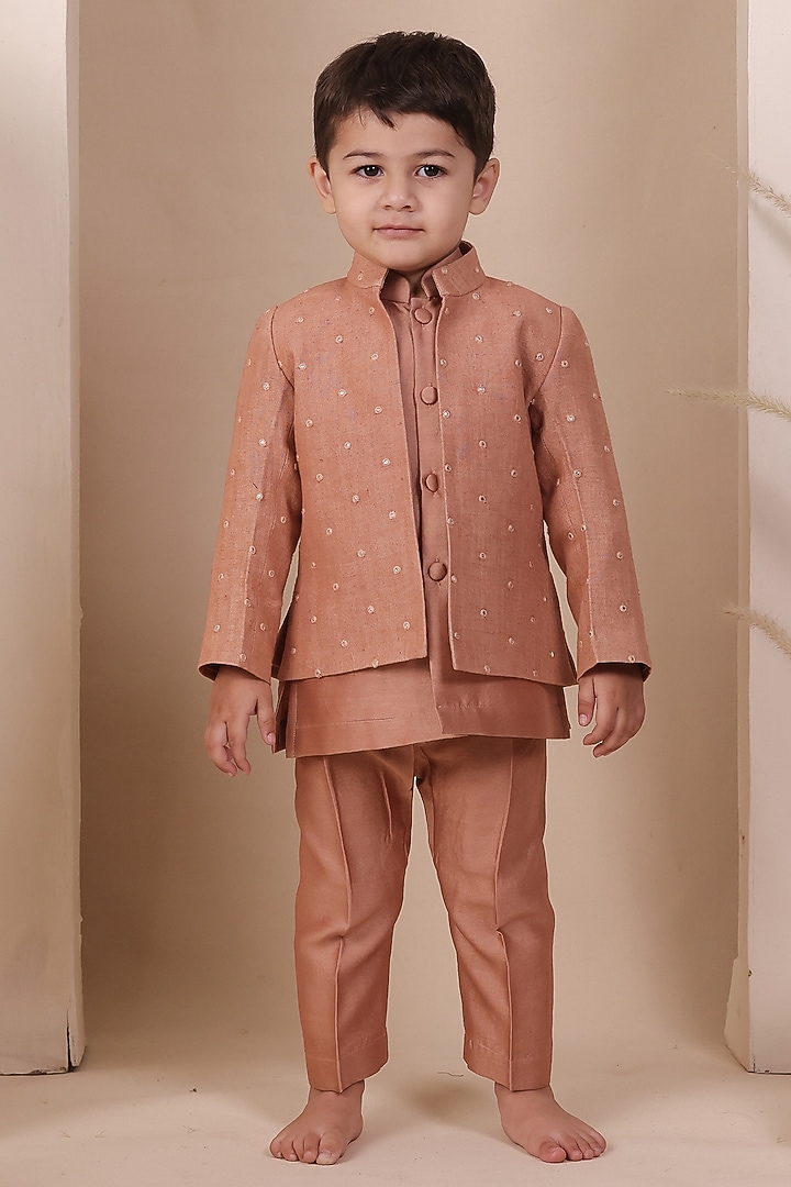 Onion Pink Linen Mirror Embellished Jodhpuri Jacket Set For Boys by All Boy Couture at Pernia's Pop Up Shop
