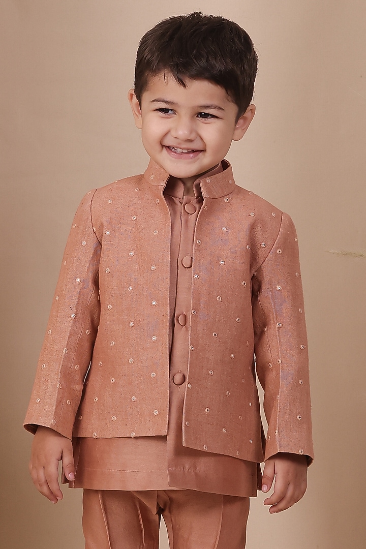 Onion Pink Linen Mirror Embellished Jodhpuri Jacket Set For Boys by All Boy Couture at Pernia's Pop Up Shop