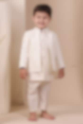 Ivory Linen Mirror Embellished Jodhpuri Jacket Set For Boys by All Boy Couture at Pernia's Pop Up Shop