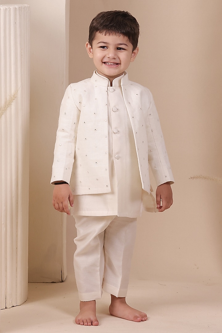 Ivory Linen Mirror Embellished Jodhpuri Jacket Set For Boys by All Boy Couture at Pernia's Pop Up Shop