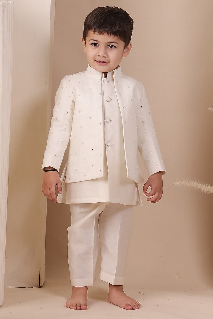 Ivory Linen Mirror Embellished Jodhpuri Jacket Set For Boys by All Boy Couture at Pernia's Pop Up Shop