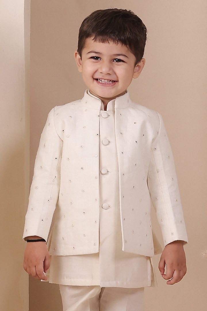 Ivory Linen Mirror Embellished Jodhpuri Jacket Set For Boys by All Boy Couture at Pernia's Pop Up Shop