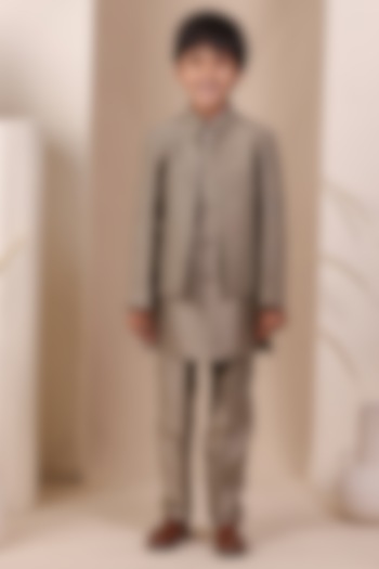 Grey Linen Mirror Embellished Jodhpuri Jacket Set For Boys by All Boy Couture at Pernia's Pop Up Shop