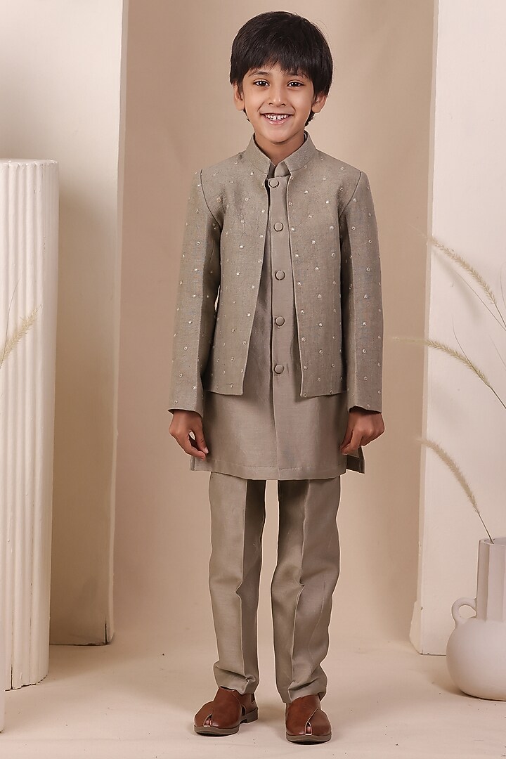 Grey Linen Mirror Embellished Jodhpuri Jacket Set For Boys by All Boy Couture at Pernia's Pop Up Shop