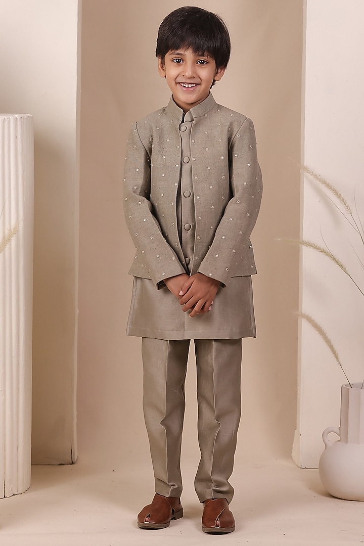Grey Linen Mirror Embellished Jodhpuri Jacket Set For Boys by All Boy Couture at Pernia's Pop Up Shop