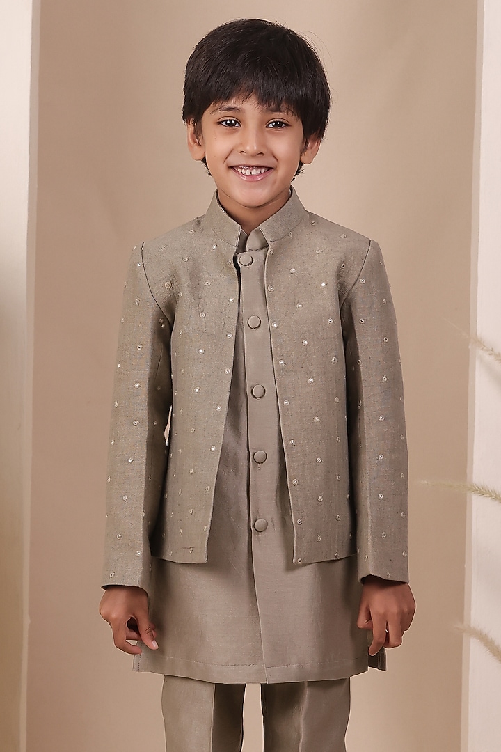 Grey Linen Mirror Embellished Jodhpuri Jacket Set For Boys by All Boy Couture at Pernia's Pop Up Shop