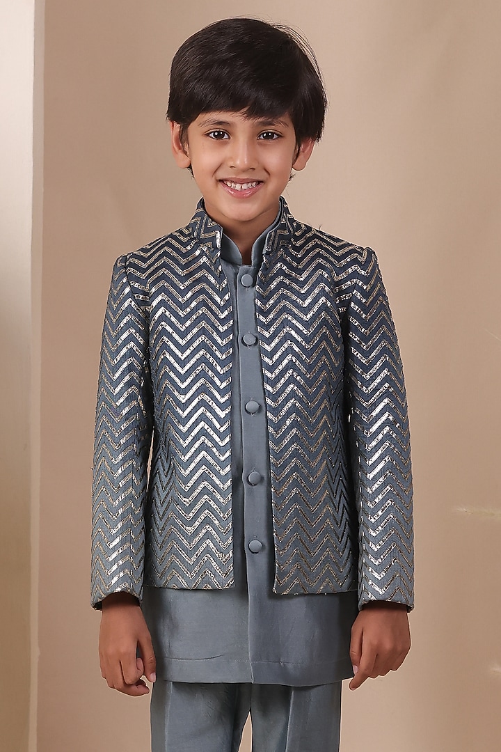 Powder Blue Ombre Slub Silk Jodhpuri Jacket Set For Boys by All Boy Couture at Pernia's Pop Up Shop