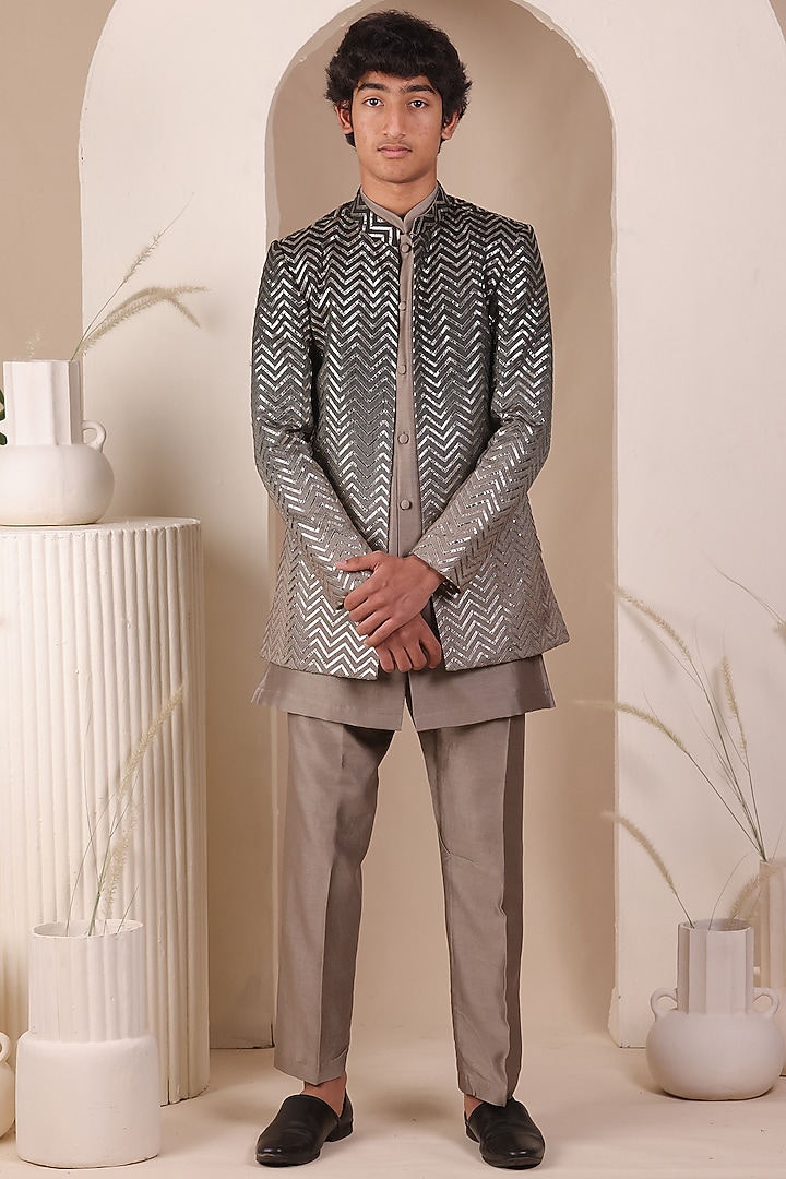 Grey Ombre Slub Silk Jodhpuri Jacket Set For Boys by All Boy Couture at Pernia's Pop Up Shop