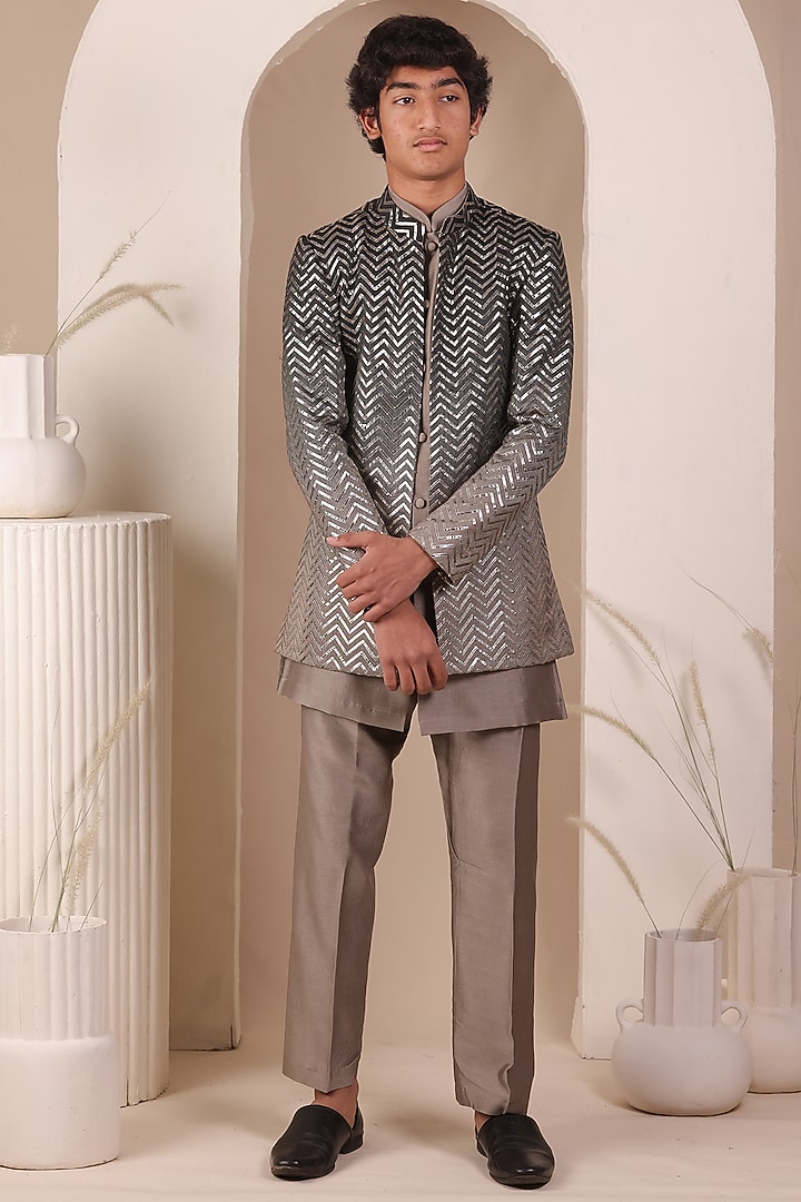 Grey Ombre Slub Silk Jodhpuri Jacket Set For Boys by All Boy Couture at Pernia's Pop Up Shop