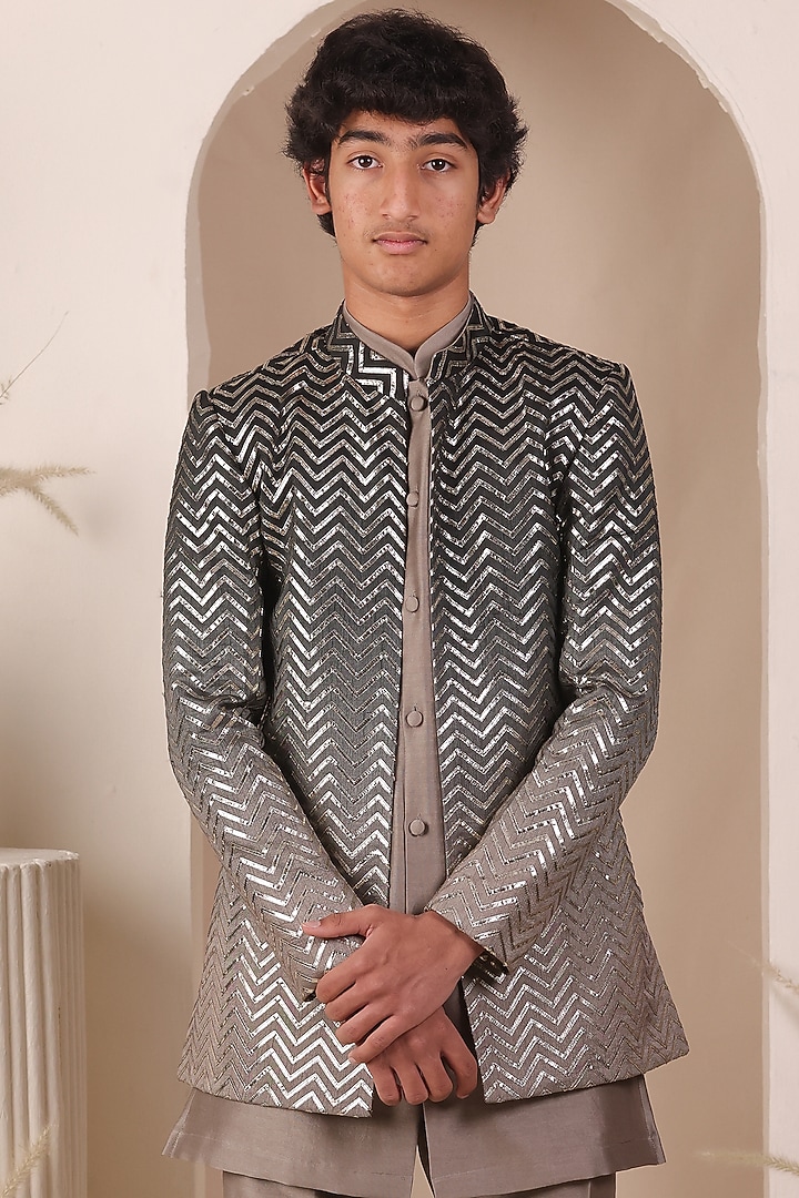 Grey Ombre Slub Silk Jodhpuri Jacket Set For Boys by All Boy Couture at Pernia's Pop Up Shop