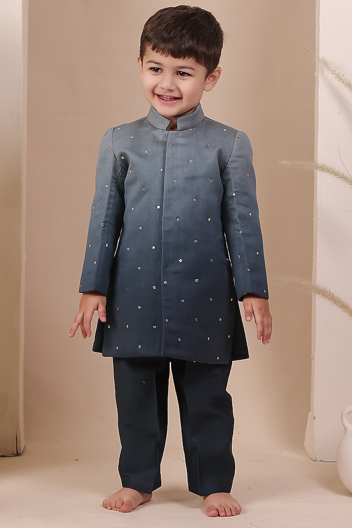 Blue Ombre Chanderi Silk Achkan Set For Boys by All Boy Couture at Pernia's Pop Up Shop