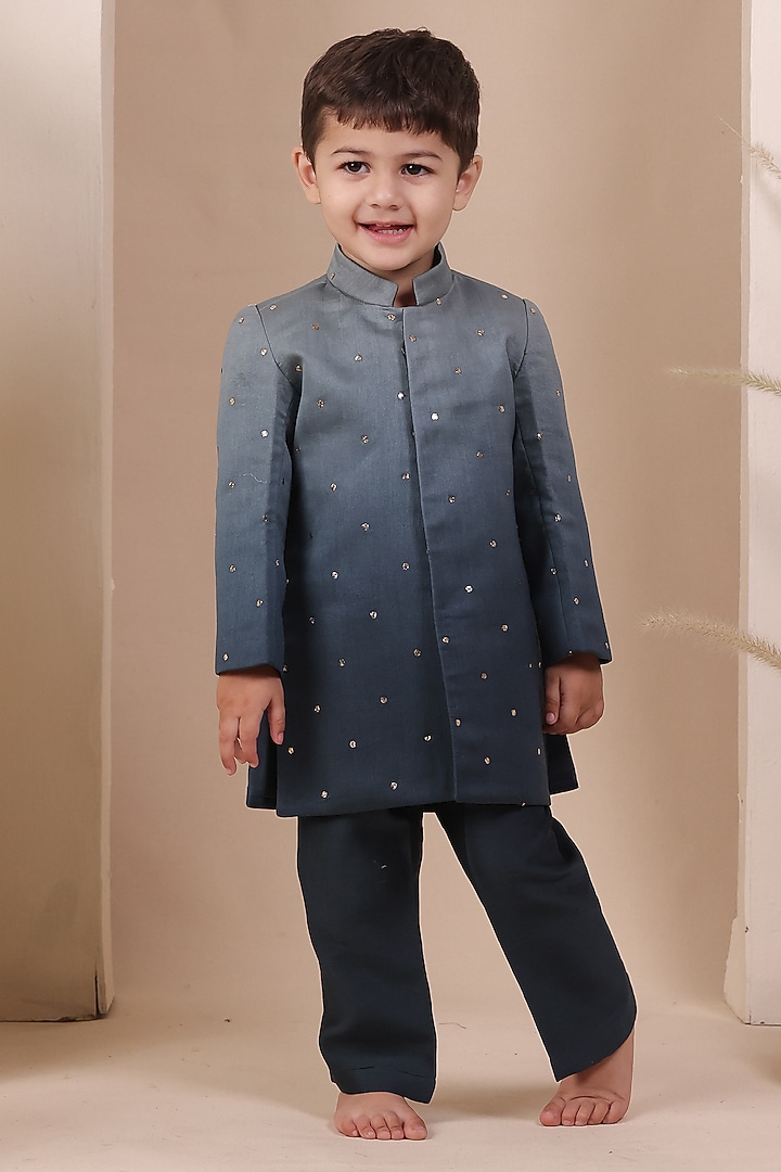 Blue Ombre Chanderi Silk Achkan Set For Boys by All Boy Couture at Pernia's Pop Up Shop