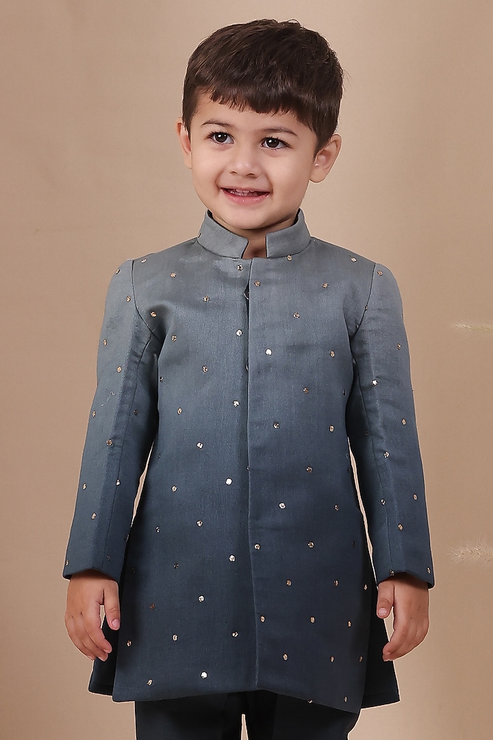 Blue Ombre Chanderi Silk Achkan Set For Boys by All Boy Couture at Pernia's Pop Up Shop