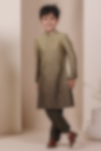 Olive Green Ombre Chanderi Silk Achkan Set For Boys by All Boy Couture at Pernia's Pop Up Shop