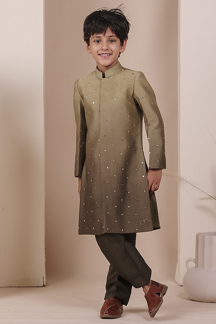 Olive Green Ombre Chanderi Silk Achkan Set For Boys by All Boy Couture at Pernia's Pop Up Shop