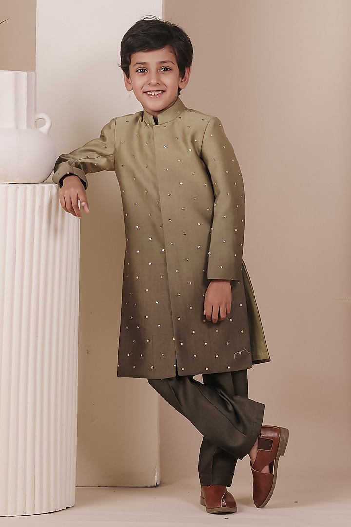 Olive Green Ombre Chanderi Silk Achkan Set For Boys by All Boy Couture at Pernia's Pop Up Shop