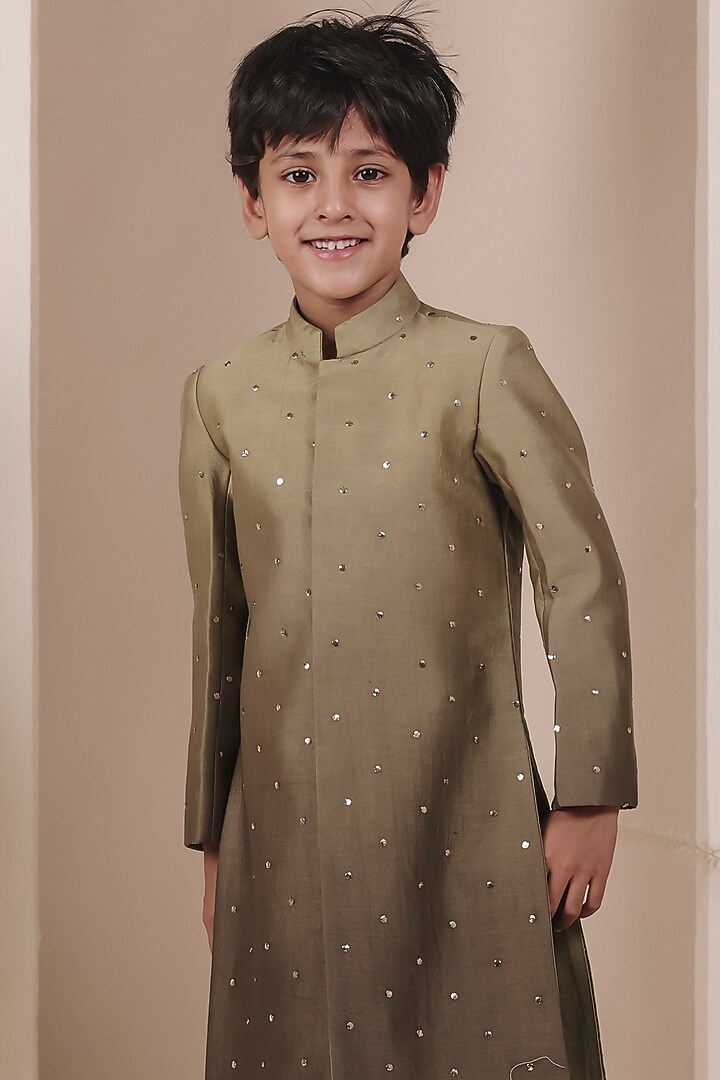 Olive Green Ombre Chanderi Silk Achkan Set For Boys by All Boy Couture at Pernia's Pop Up Shop