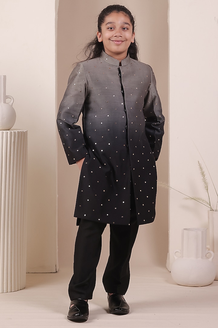 Black Ombre Chanderi Silk Achkan Set For Boys by All Boy Couture at Pernia's Pop Up Shop