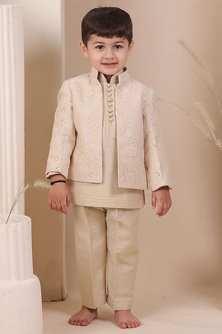 Light Beige Chanderi Embroidered Jodhpuri Jacket Set For Boys by All Boy Couture at Pernia's Pop Up Shop