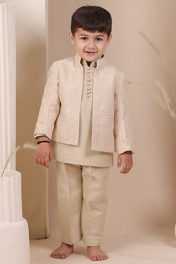 Light Beige Chanderi Embroidered Jodhpuri Jacket Set For Boys by All Boy Couture at Pernia's Pop Up Shop