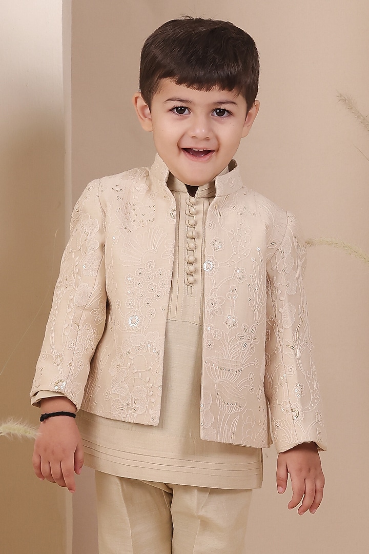 Light Beige Chanderi Embroidered Jodhpuri Jacket Set For Boys by All Boy Couture at Pernia's Pop Up Shop