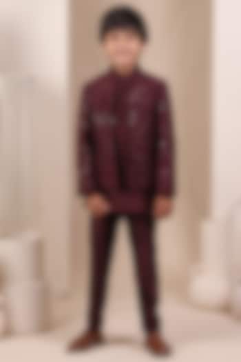 Deep Maroon Chanderi Embroidered Jodhpuri Jacket Set For Boys by All Boy Couture at Pernia's Pop Up Shop