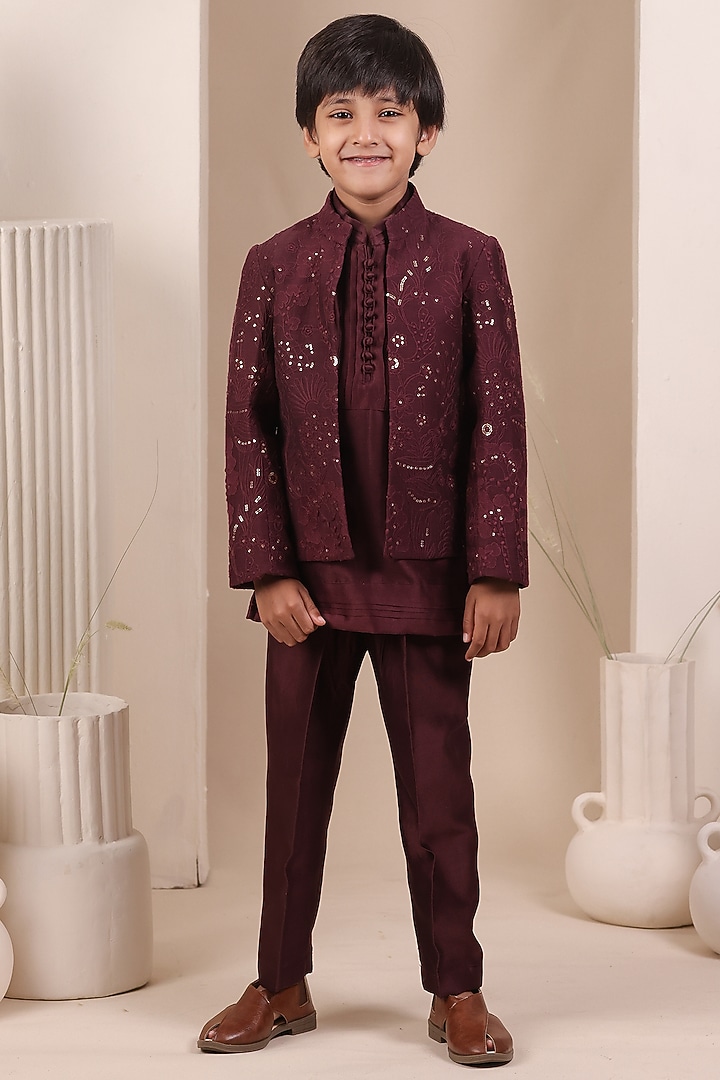Deep Maroon Chanderi Embroidered Jodhpuri Jacket Set For Boys by All Boy Couture at Pernia's Pop Up Shop