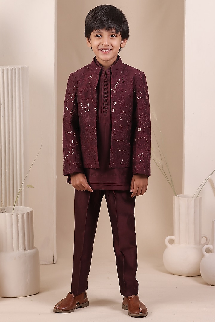 Deep Maroon Chanderi Embroidered Jodhpuri Jacket Set For Boys by All Boy Couture at Pernia's Pop Up Shop