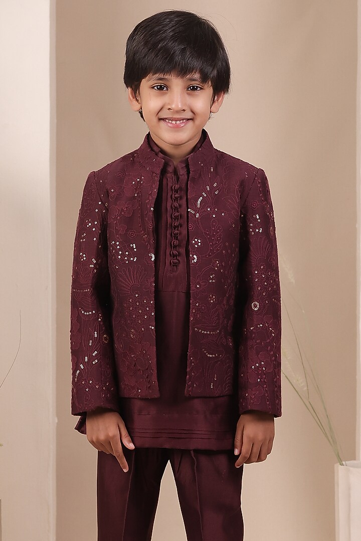 Deep Maroon Chanderi Embroidered Jodhpuri Jacket Set For Boys by All Boy Couture at Pernia's Pop Up Shop