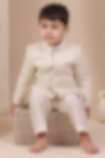 White Knit Tweed Sequin Embroidered Bandhgala Set For Boys by All Boy Couture at Pernia's Pop Up Shop
