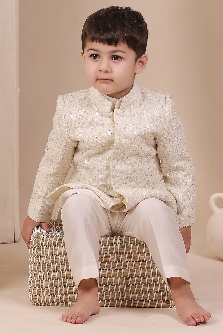 White Knit Tweed Sequin Embroidered Bandhgala Set For Boys by All Boy Couture at Pernia's Pop Up Shop