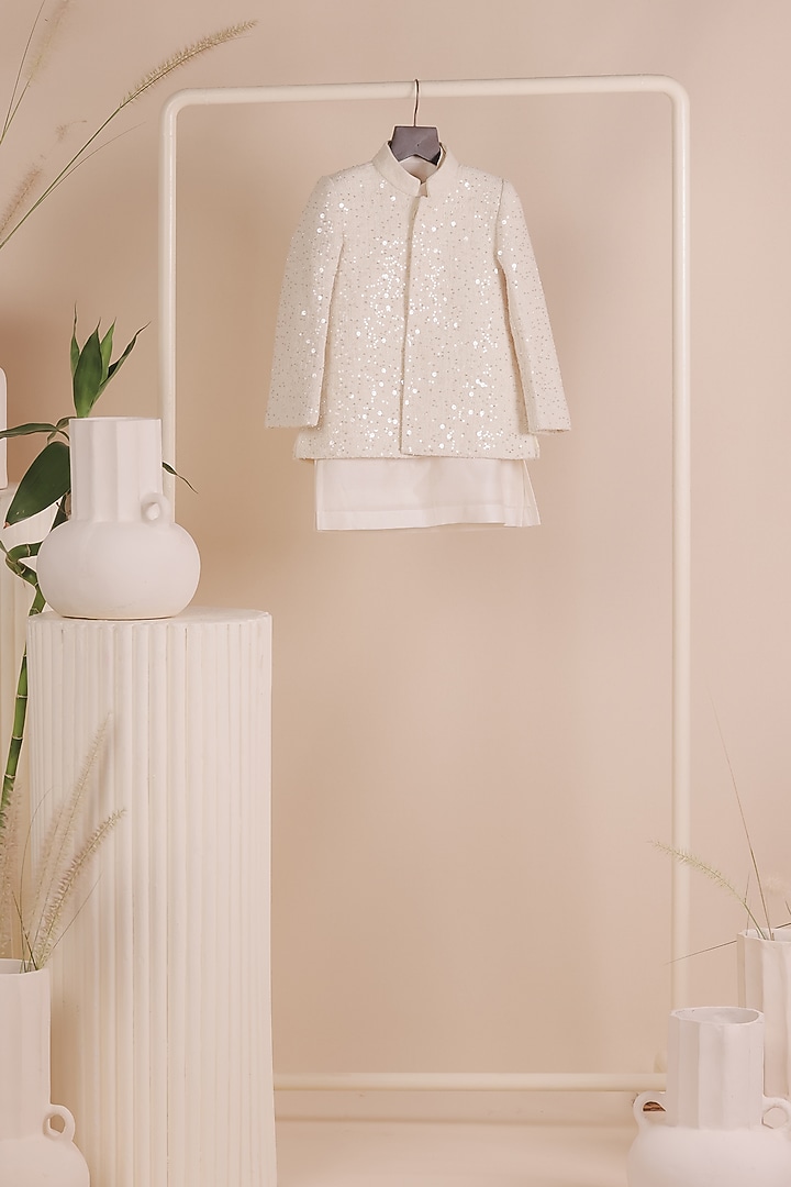 White Knit Tweed Sequin Embroidered Bandhgala Set For Boys by All Boy Couture at Pernia's Pop Up Shop