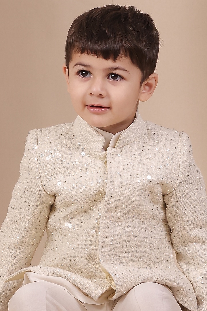 White Knit Tweed Sequin Embroidered Bandhgala Set For Boys by All Boy Couture at Pernia's Pop Up Shop