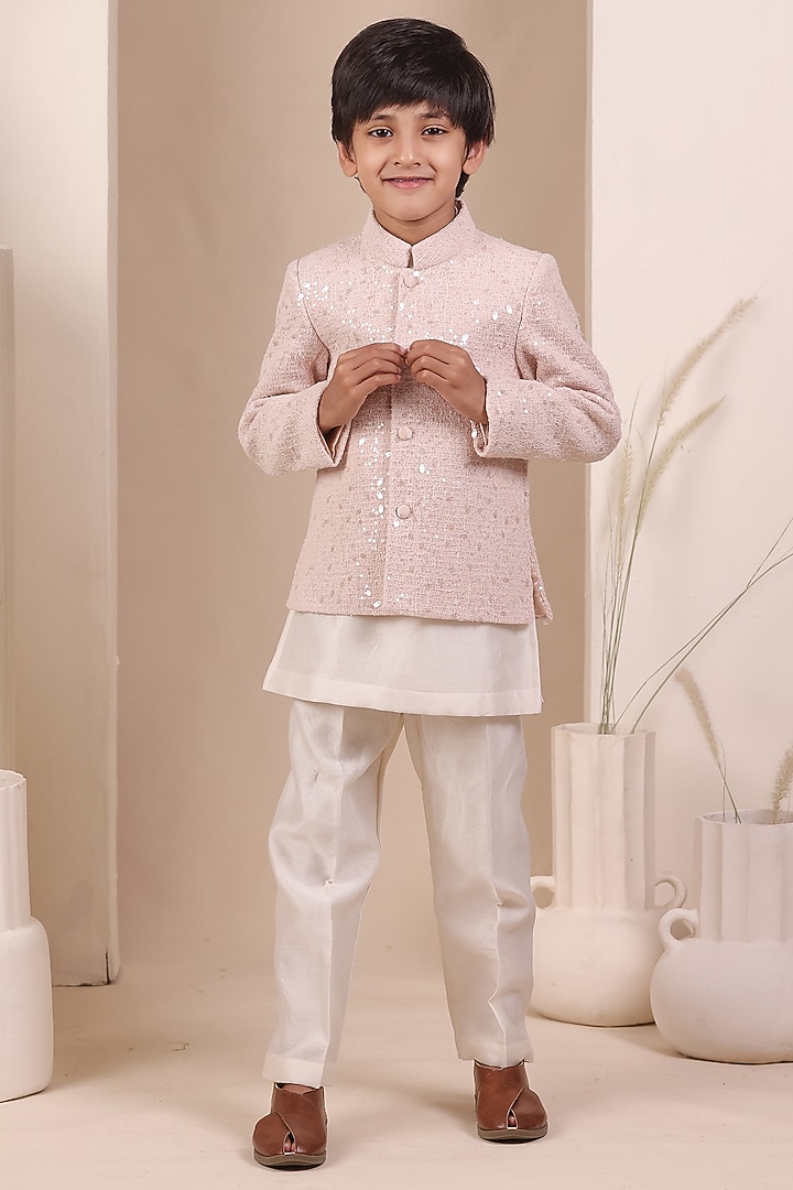 Baby Pink Knit Tweed Sequin Embroidered Bandhgala Set For Boys by All Boy Couture at Pernia's Pop Up Shop
