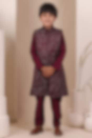 Wine Slub Silk Thread Embroidered Long Jacket Set For Boys by All Boy Couture at Pernia's Pop Up Shop