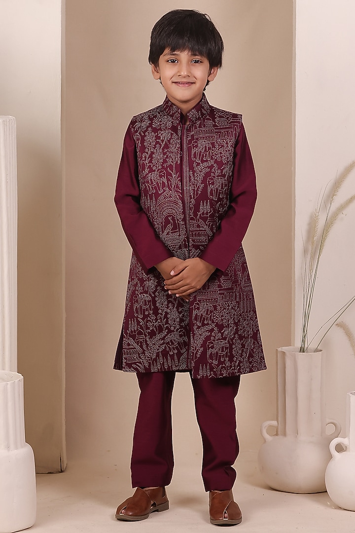 Wine Slub Silk Thread Embroidered Long Jacket Set For Boys by All Boy Couture at Pernia's Pop Up Shop