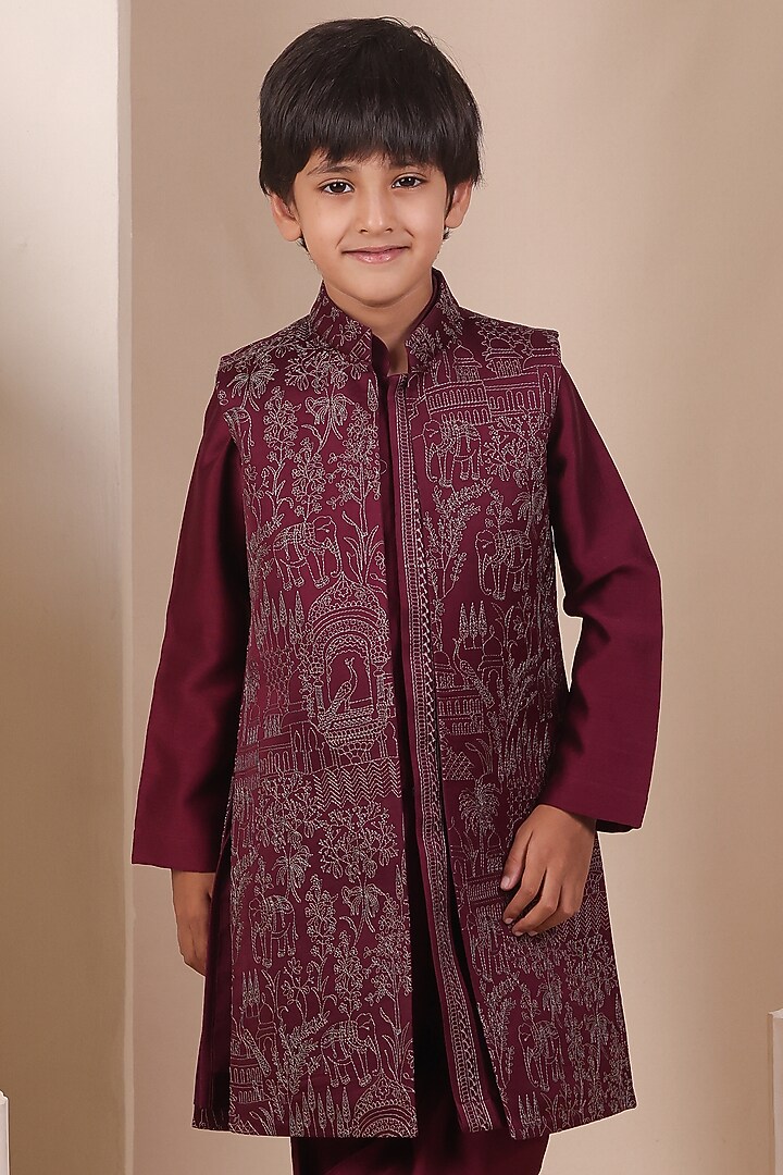 Wine Slub Silk Thread Embroidered Long Jacket Set For Boys by All Boy Couture at Pernia's Pop Up Shop