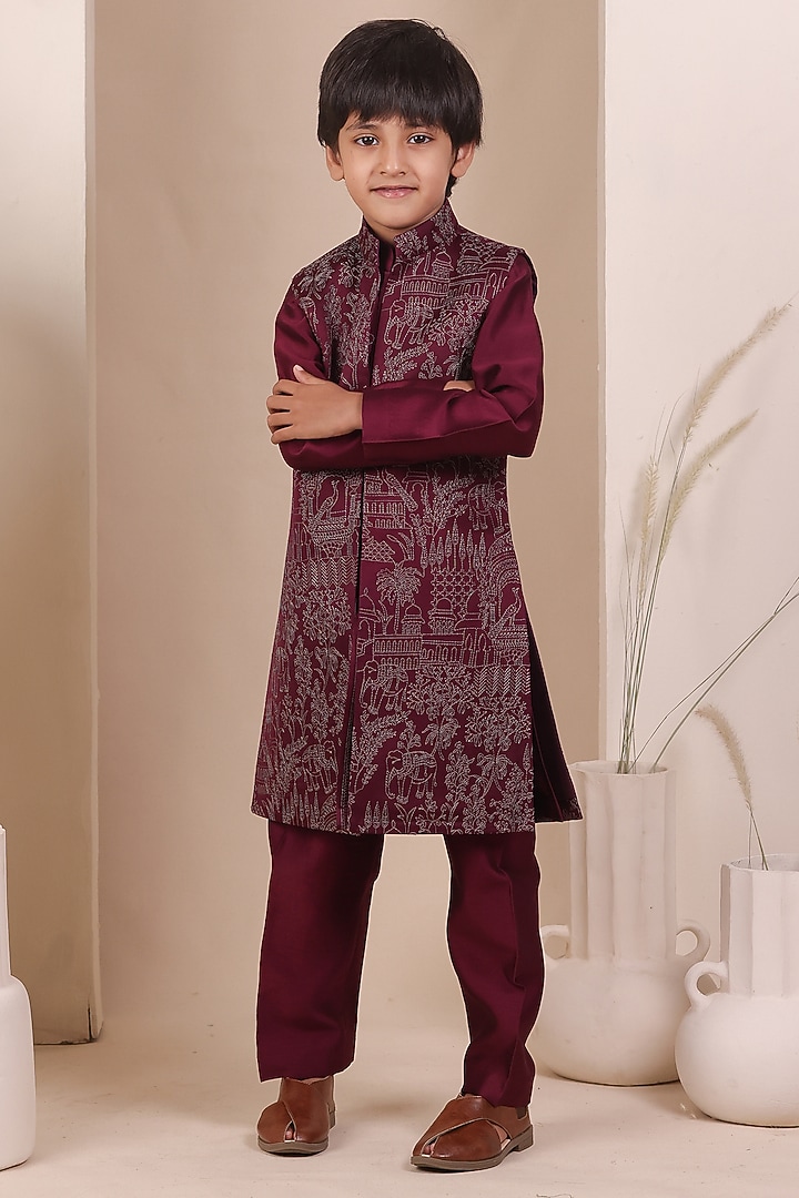Wine Slub Silk Thread Embroidered Long Jacket Set For Boys by All Boy Couture at Pernia's Pop Up Shop