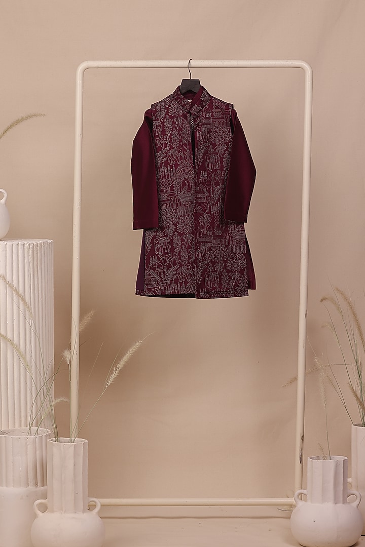Wine Slub Silk Thread Embroidered Long Jacket Set For Boys by All Boy Couture at Pernia's Pop Up Shop