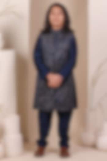 Teal Blue Slub Silk Thread Embroidered Long Jacket Set For Boys by All Boy Couture at Pernia's Pop Up Shop