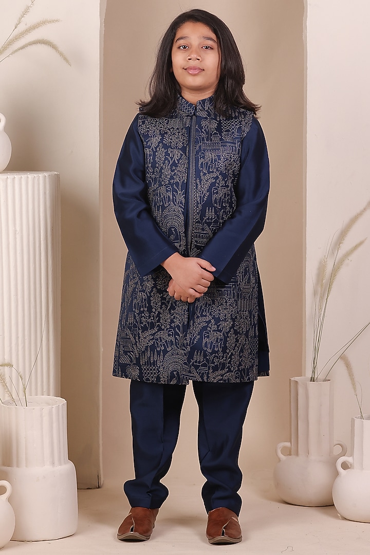 Teal Blue Slub Silk Thread Embroidered Long Jacket Set For Boys by All Boy Couture at Pernia's Pop Up Shop