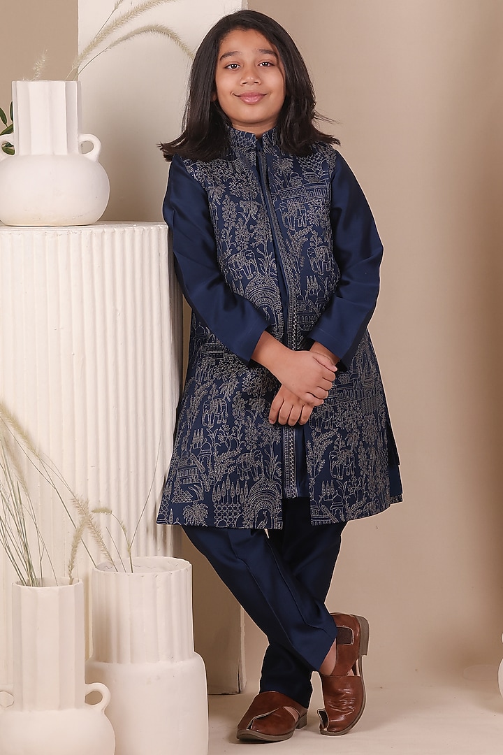 Teal Blue Slub Silk Thread Embroidered Long Jacket Set For Boys by All Boy Couture at Pernia's Pop Up Shop