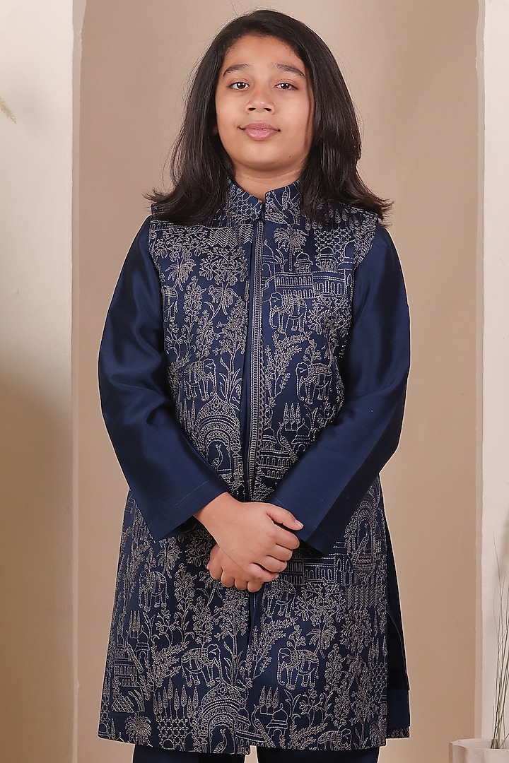 Teal Blue Slub Silk Thread Embroidered Long Jacket Set For Boys by All Boy Couture at Pernia's Pop Up Shop