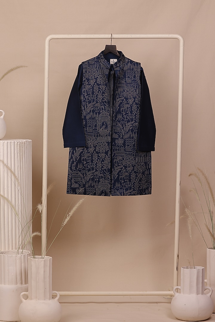 Teal Blue Slub Silk Thread Embroidered Long Jacket Set For Boys by All Boy Couture at Pernia's Pop Up Shop