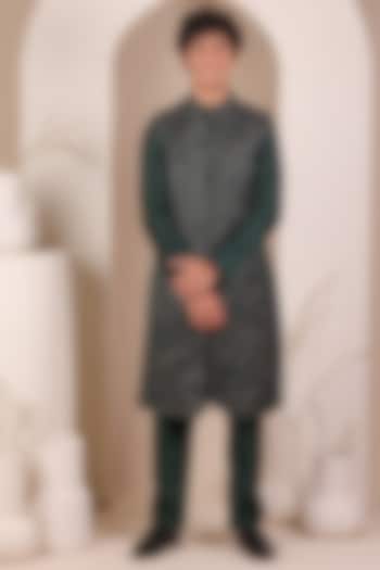 Bottle Green Slub Silk Thread Embroidered Long Jacket Set For Boys by All Boy Couture at Pernia's Pop Up Shop