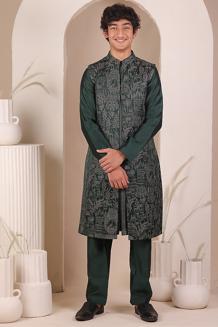 Bottle Green Slub Silk Thread Embroidered Long Jacket Set For Boys by All Boy Couture at Pernia's Pop Up Shop
