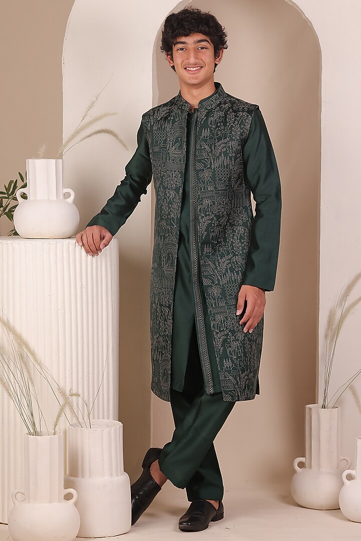 Bottle Green Slub Silk Thread Embroidered Long Jacket Set For Boys by All Boy Couture at Pernia's Pop Up Shop